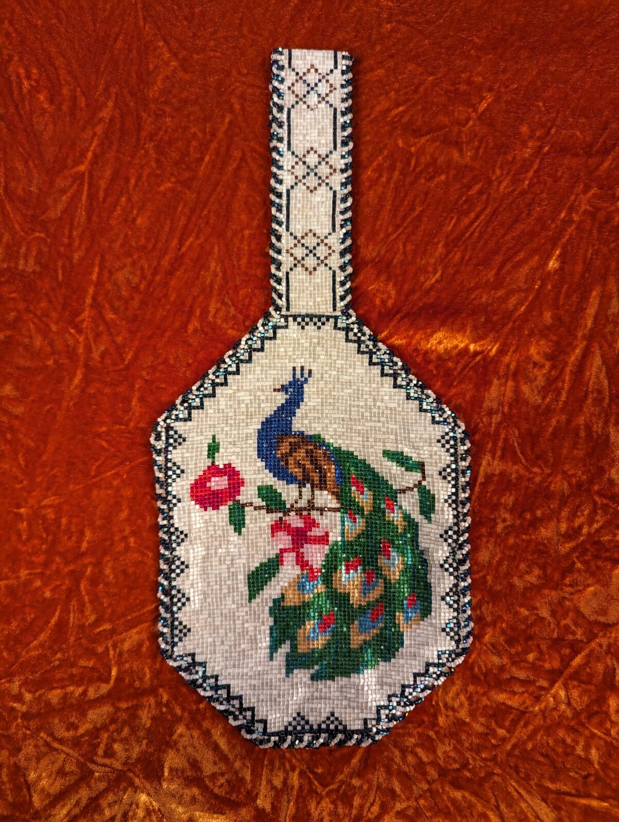 UNUSUAL + EXQUISITE 1920’S HAND GLASS BEADED BAG W PEACOCK