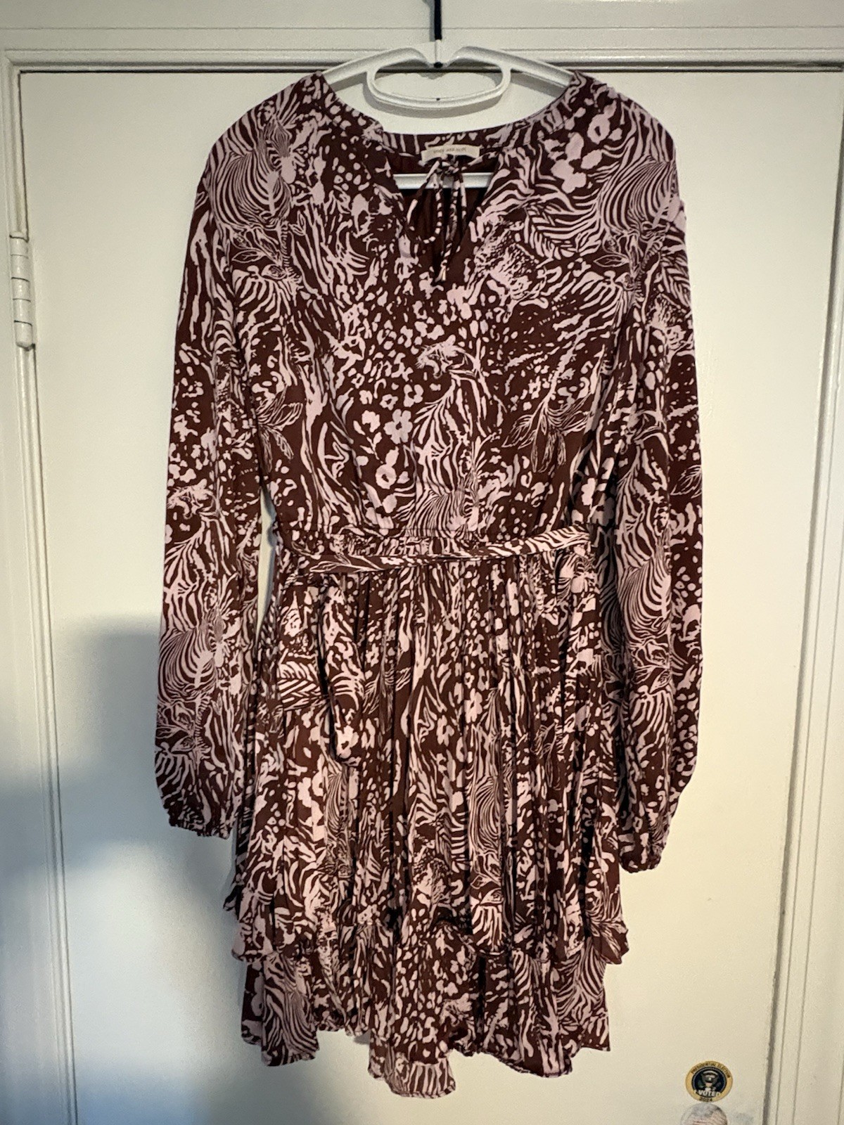 Skies Are Blue Dress L Brown Pink Animal Floral Print Tiered Tie Waist Boho