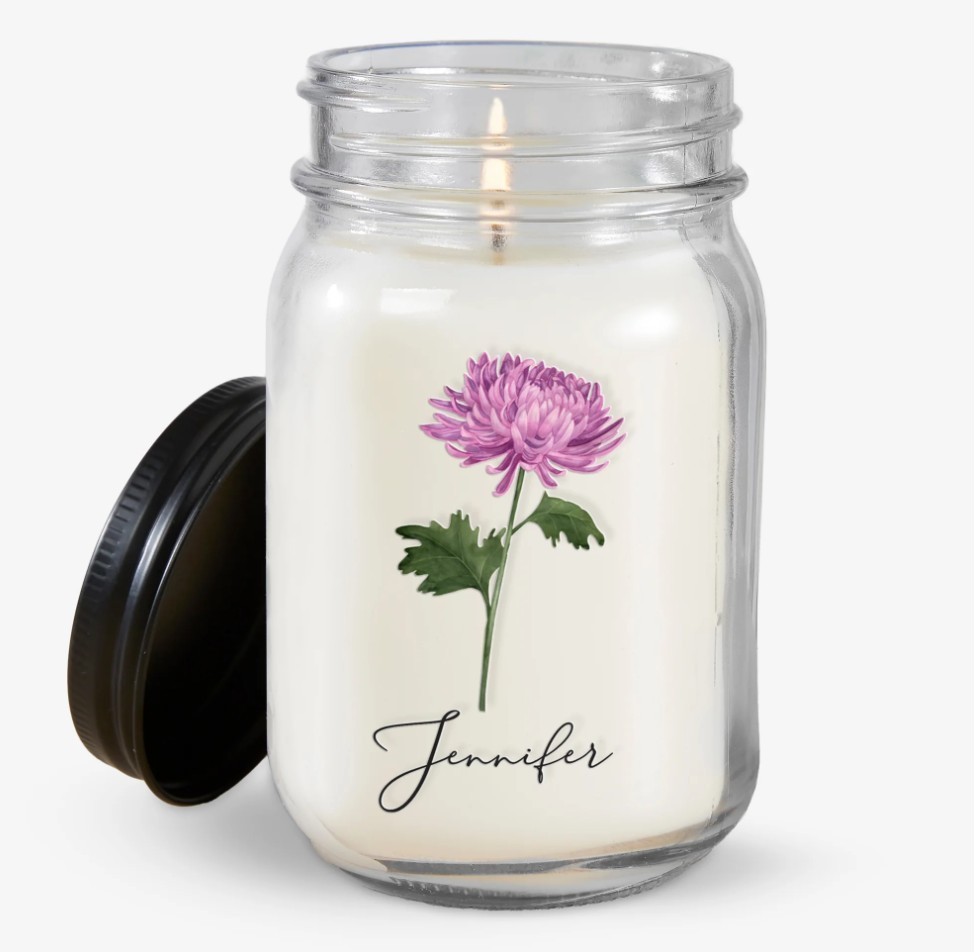 Personalized Birth Month Flower Candle Jar, Custom Name Date Gift, 12 Oz