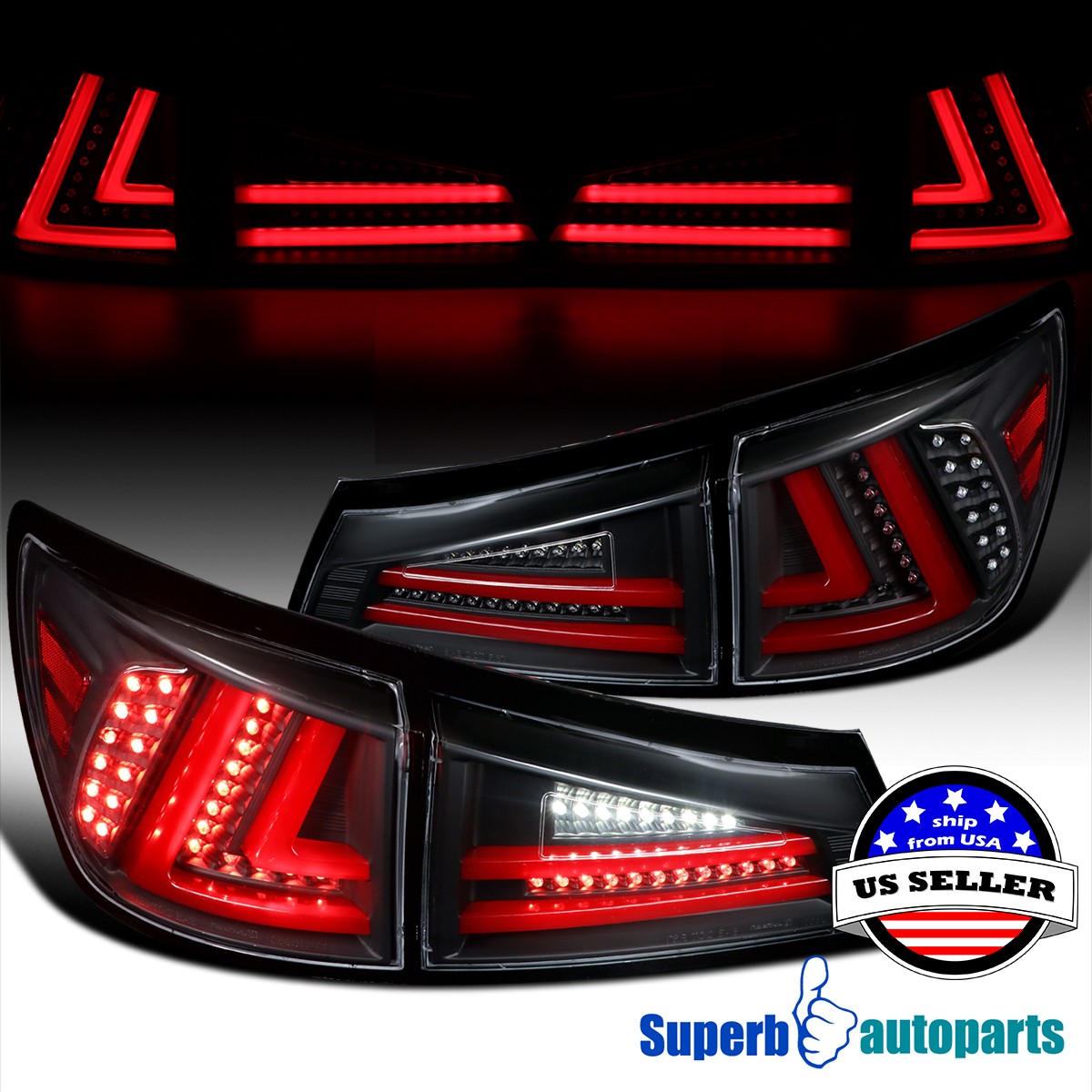 Fits 2006-2008 Lexus IS250 IS350 LED Red bar Black Tail Lights Rear Brake Lamps