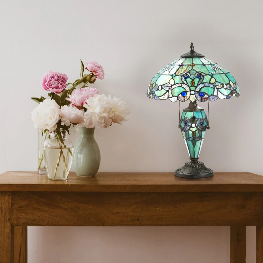 Tiffany Style Table Lamp Green Blue Victorian Stained Glass Double Light 20\