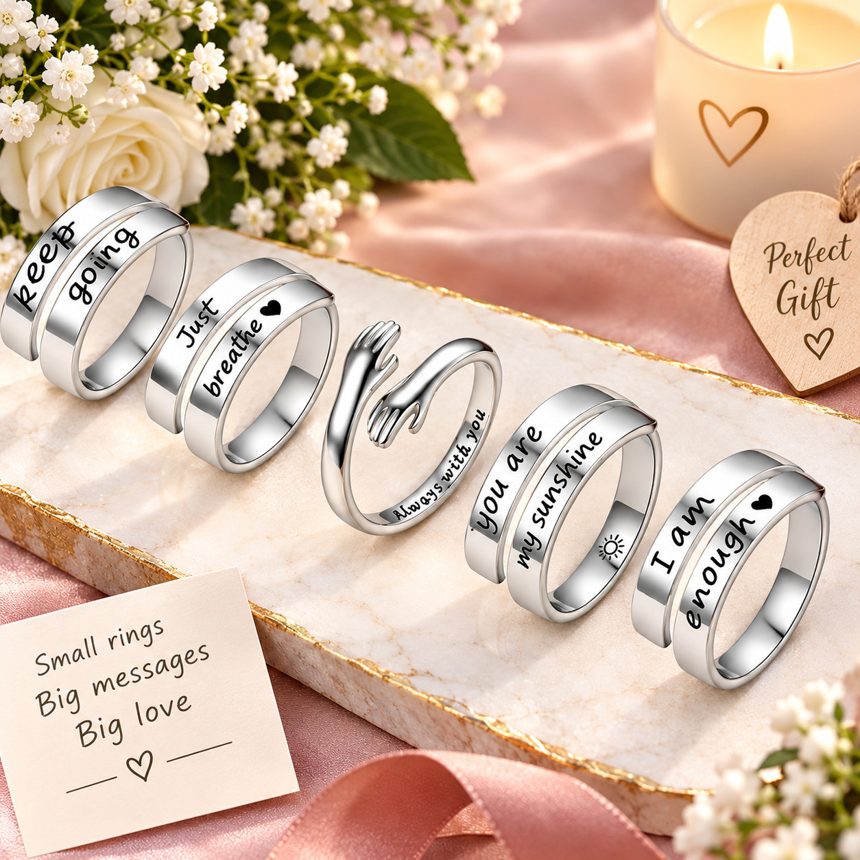 5 Set, Hope Rings Set Hug Ring Just Breathe Inspirational Adjustable Women Gift,