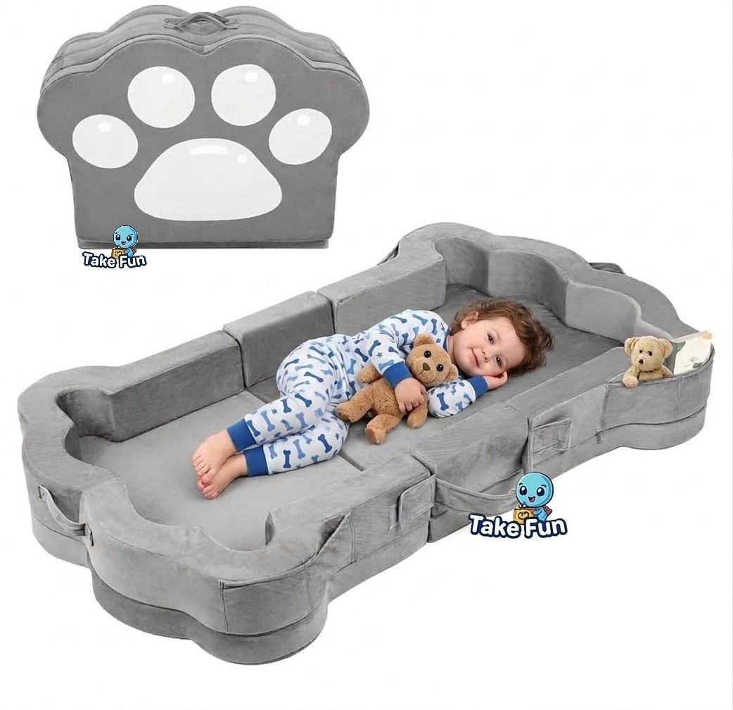 TF Foldable Toddler Travel Bed Modular Foam Floor Bed Washable Cover Grey Paw