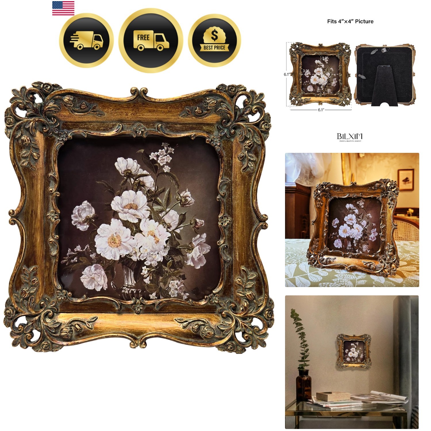 4x4 Small Vintage Picture Frame, Antique Bronze Gold Ornate Square Photo Fram... 4x4 Small Vintage Picture Frame, Antique Bronze Gold Ornate Square Photo Fram...