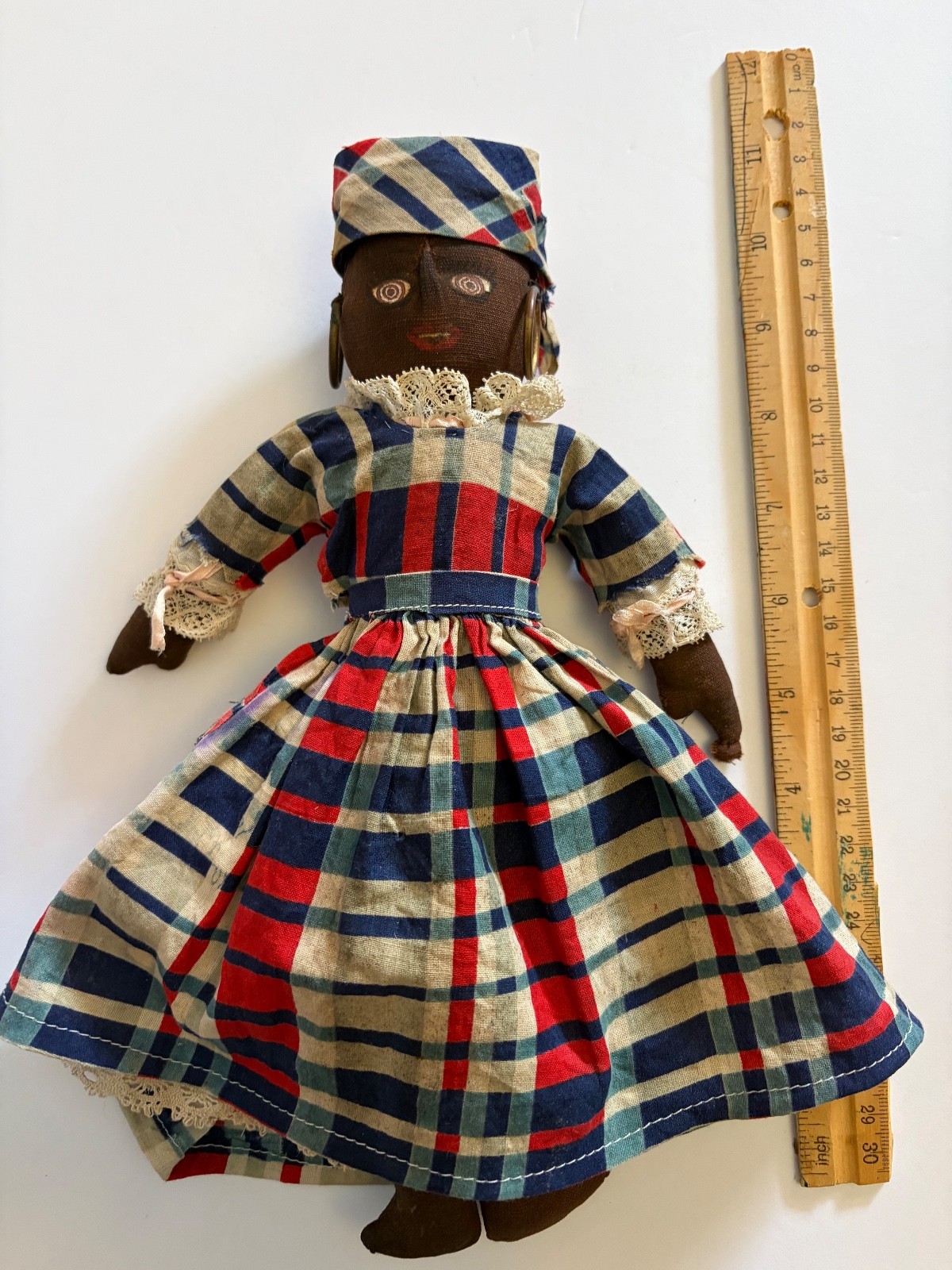 Handmade Black Cloth Doll With Earrings Early 1900s All Original 10 3/4