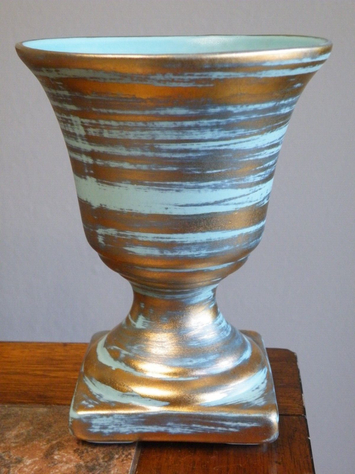 Vintage STANGL Pottery FOOTED VASE Aqua Gold Tweed 7 Vintage STANGL Pottery FOOTED VASE Aqua Gold Tweed 7