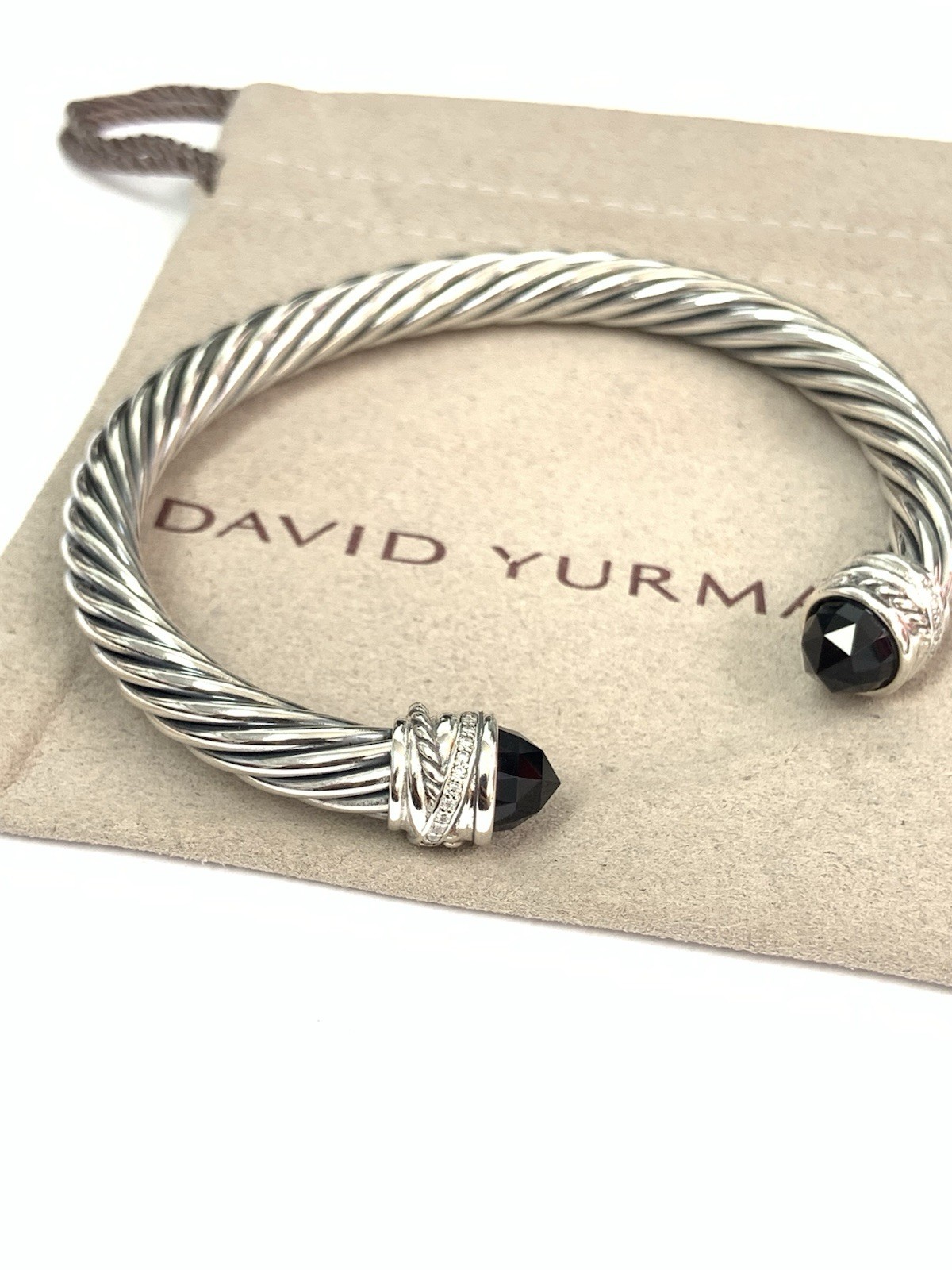 David Yurman 925 Silver 7mm Crossover Black Onyx & Diamond Cuff Bracelet