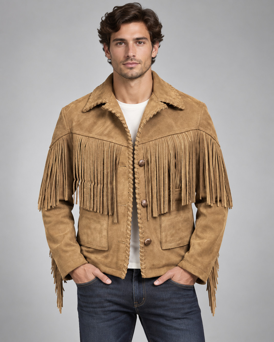 Unisex Tan Suede Leather Fringe Jacket Western Cowboy Vintage Boho Coat