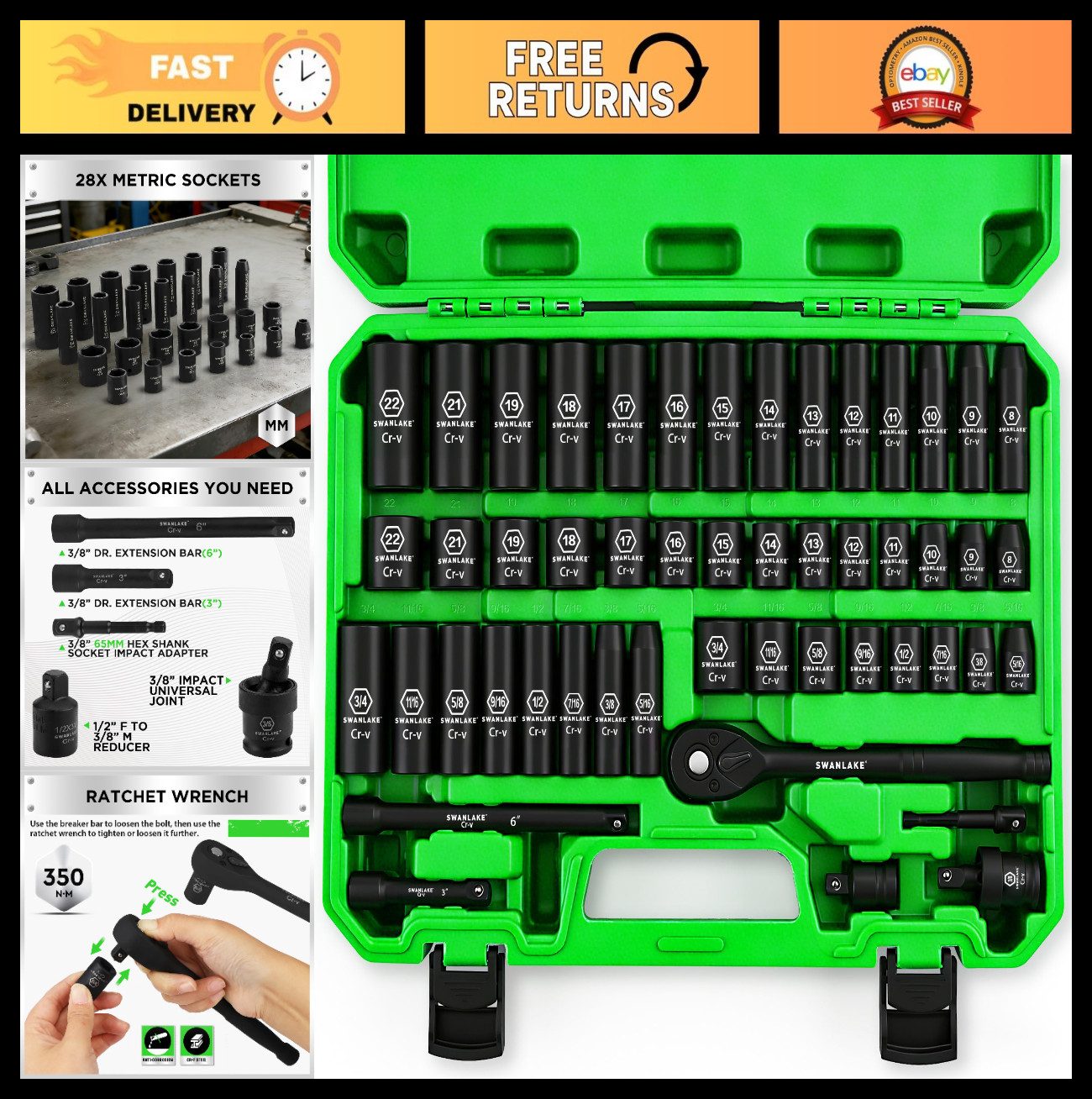 50-Piece Impact Socket Set 3/8\'\' Drive - SAE & Metric, 6 Point, Cr-V, Ratchet & 50-Piece Impact Socket Set 3/8\'\' Drive - SAE & Metric, 6 Point, Cr-V, Ratchet &