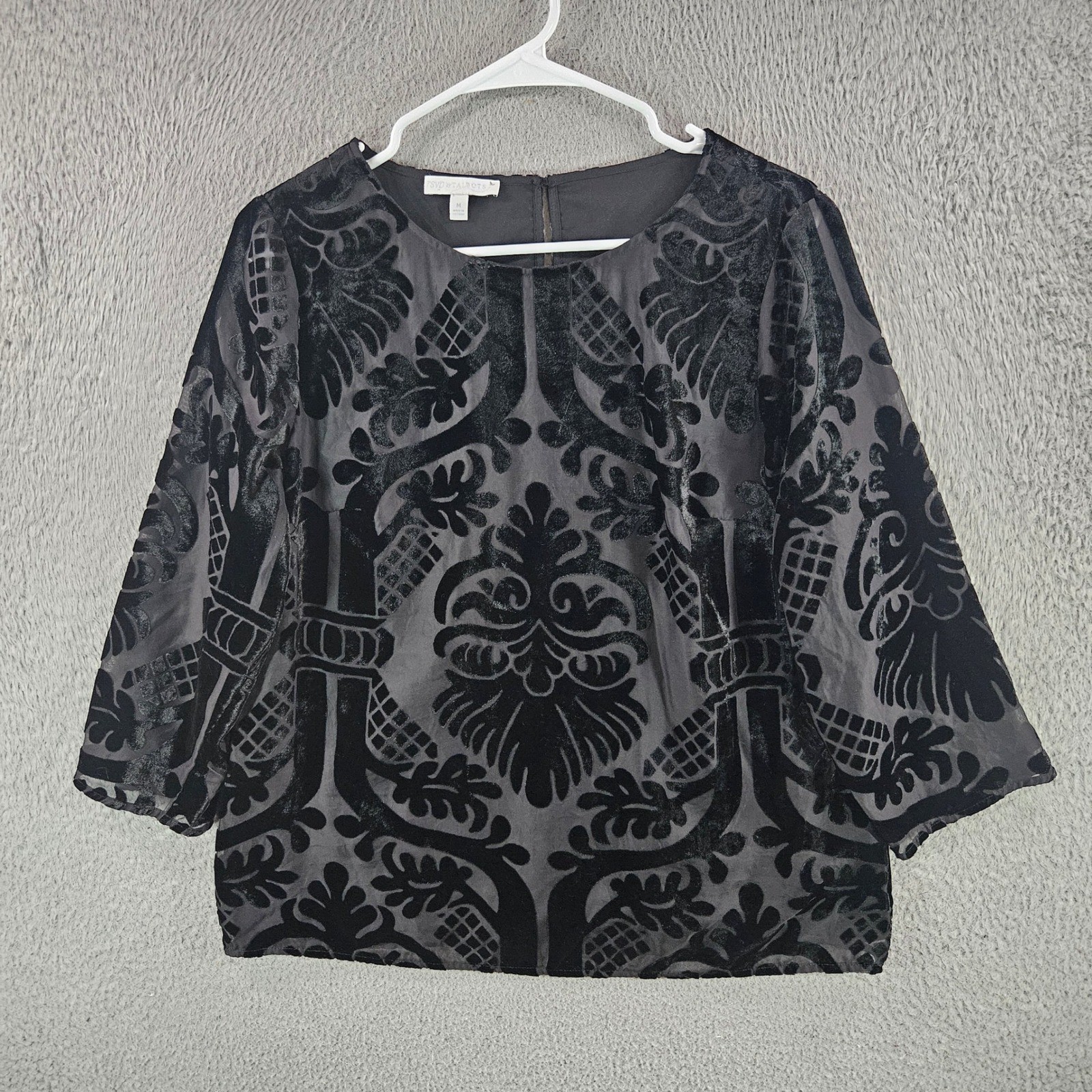 RSVP by Talbots Womens Black Velvet Burnout Damask Blouse 3/4 Sleeve Size M RSVP by Talbots Womens Black Velvet Burnout Damask Blouse 3/4 Sleeve Size M