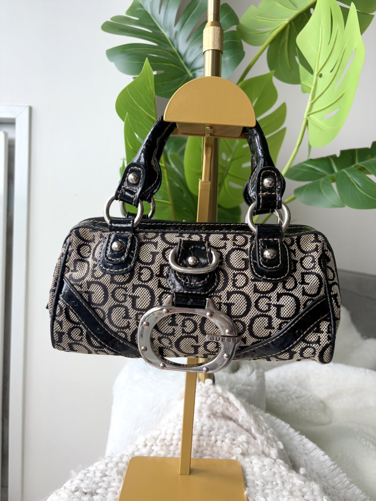 RARE Vintage Y2K GUESS Gloss Mini Bowler Bag Monogram Black G Buckle McBling