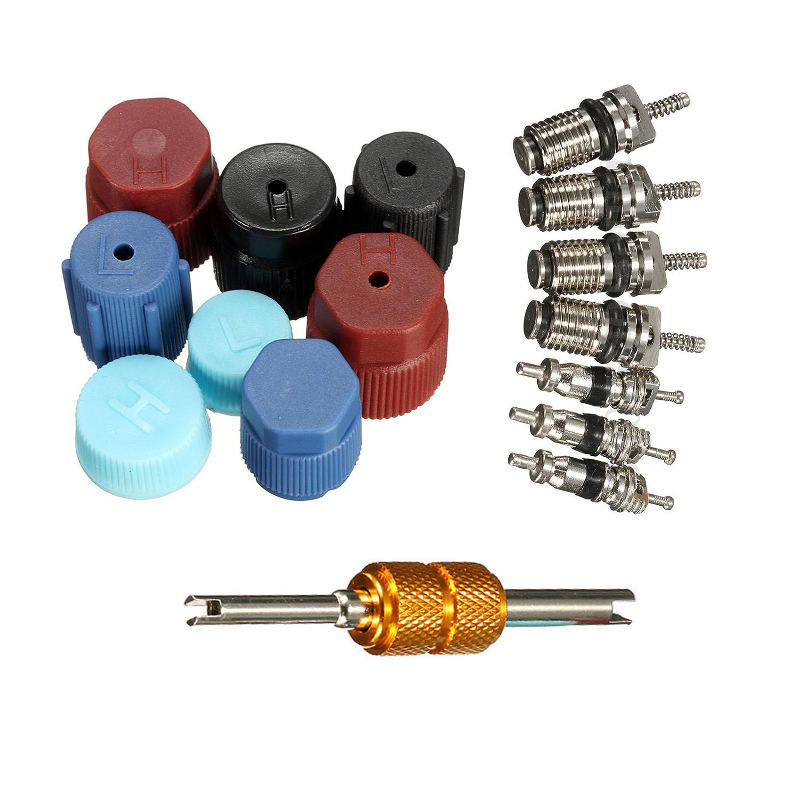 16PACK A/C Valve Core Kit AC System Cap & Valve Stem Cores Seal Remover Tool K