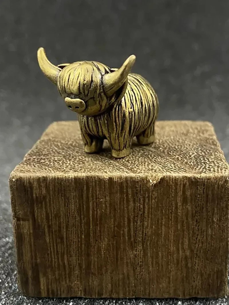 Mini Brass Highland Cow Figurine Vintage Copper Animal Statue Desk Decor Gift