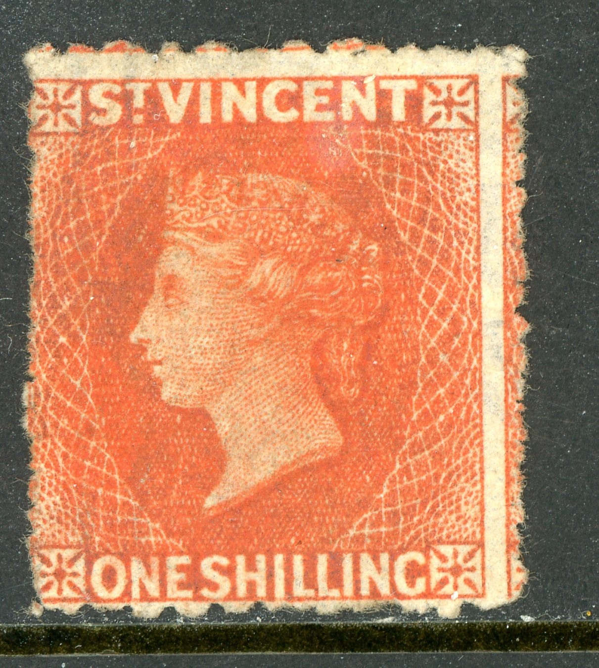 St. Vincent 1877 British Colony QV 1s Vermillion Perf ~13x16 SG #23 Mint O994
