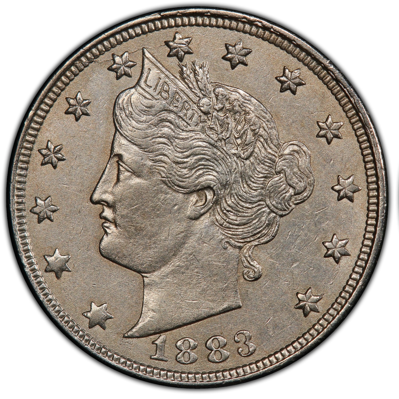 1883 5c No Cents Liberty V Nickel About Uncirculated US Coin