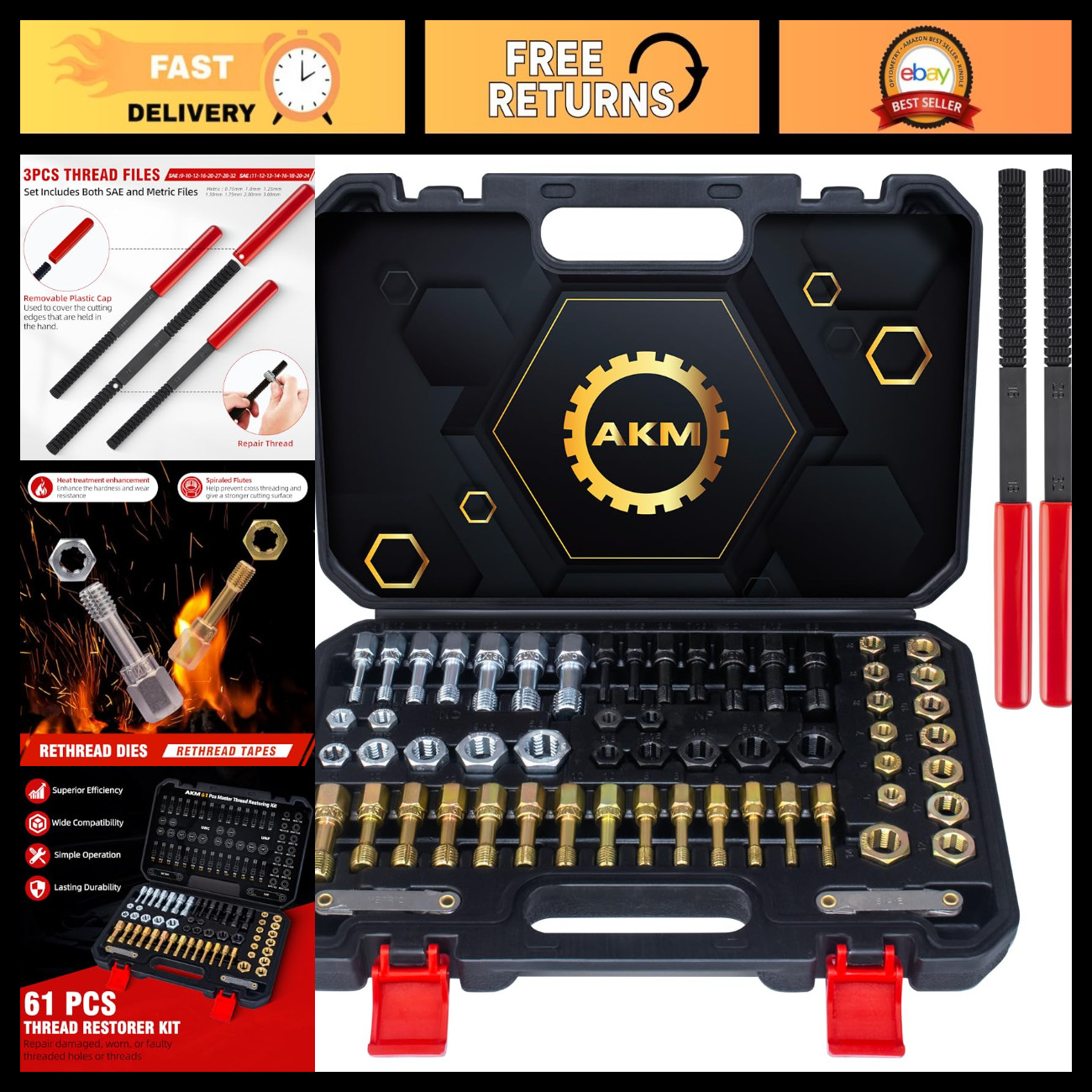61Pcs Thread Repair Kit, Rethread Tool Set, UNC UNF Metric Chaser & Pitch Gauge