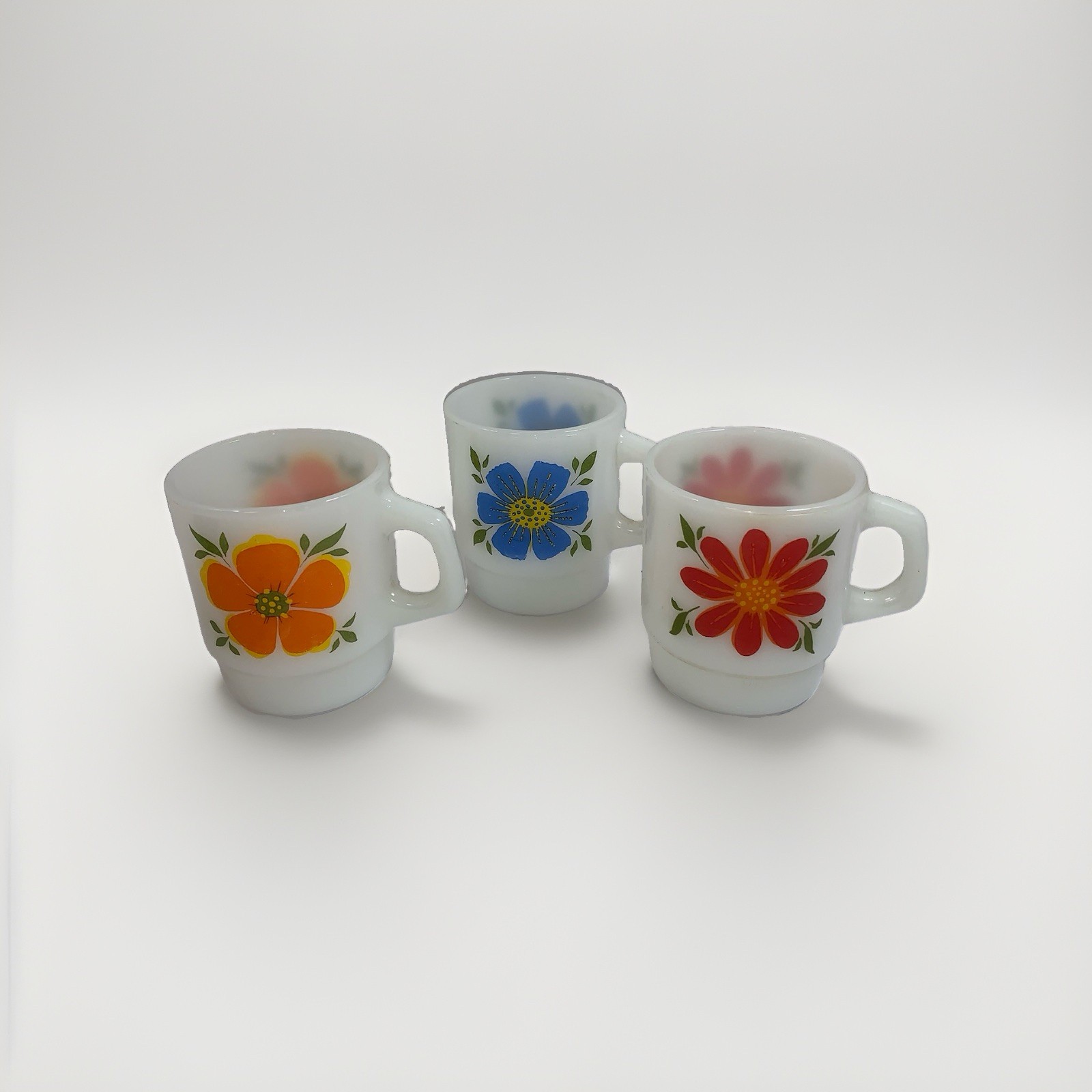 3 Vtg FIRE KING Stackable FLOWER POWER Mugs Anchor Hocking Same Flower Both Side 3 Vtg FIRE KING Stackable FLOWER POWER Mugs Anchor Hocking Same Flower Both Side