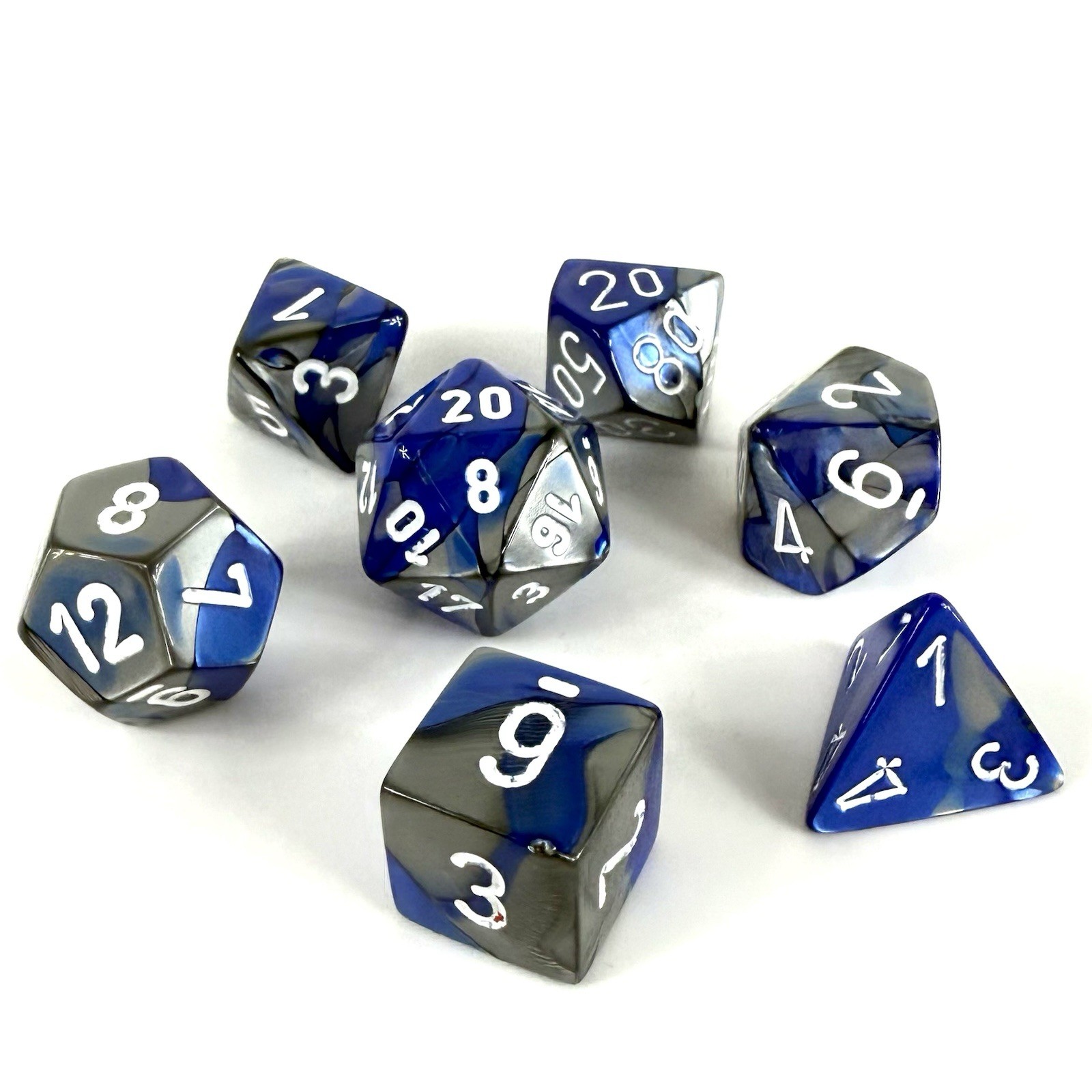 Chessex Gemini Blue/Steel - White, 7-Die Polyhedral Set | CHX 26423 NEW