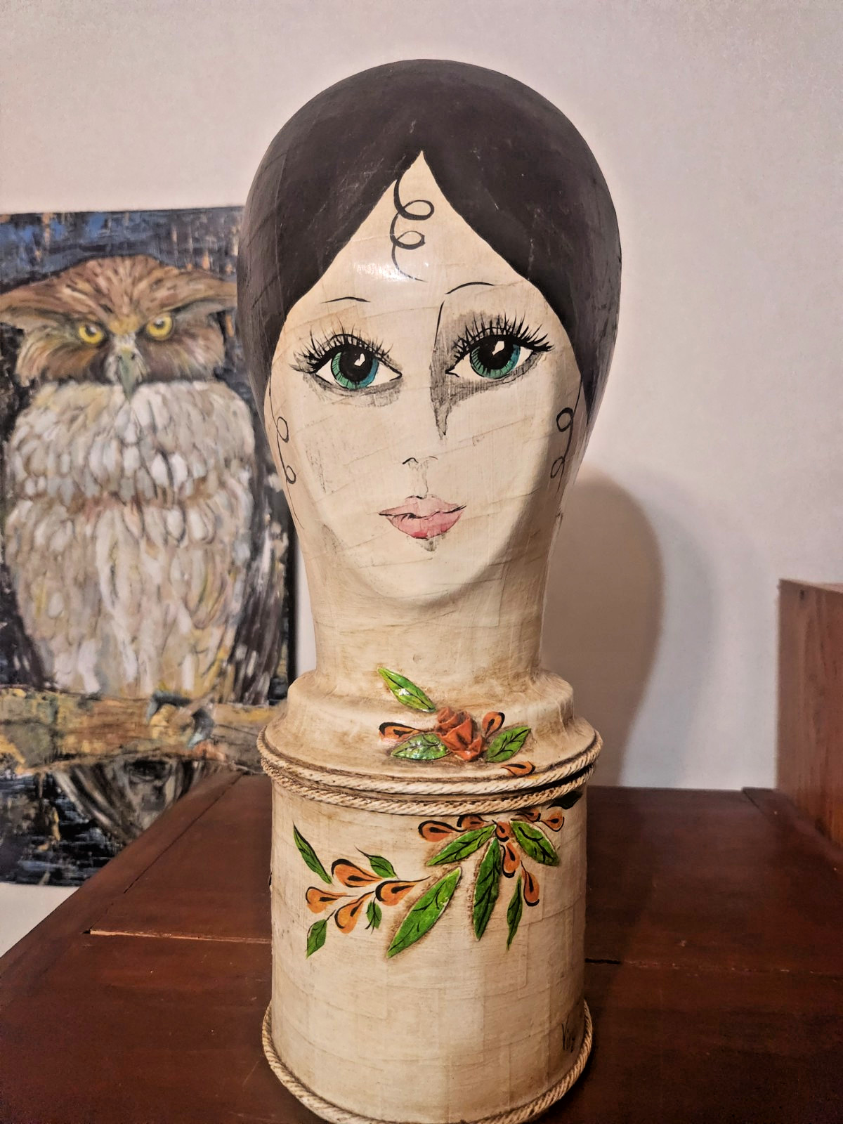Rare Antique Folk Art Paper Mache Mannequin Woman's Hat Wig Stand - Virg. Roth Rare Antique Folk Art Paper Mache Mannequin Woman's Hat Wig Stand - Virg. Roth