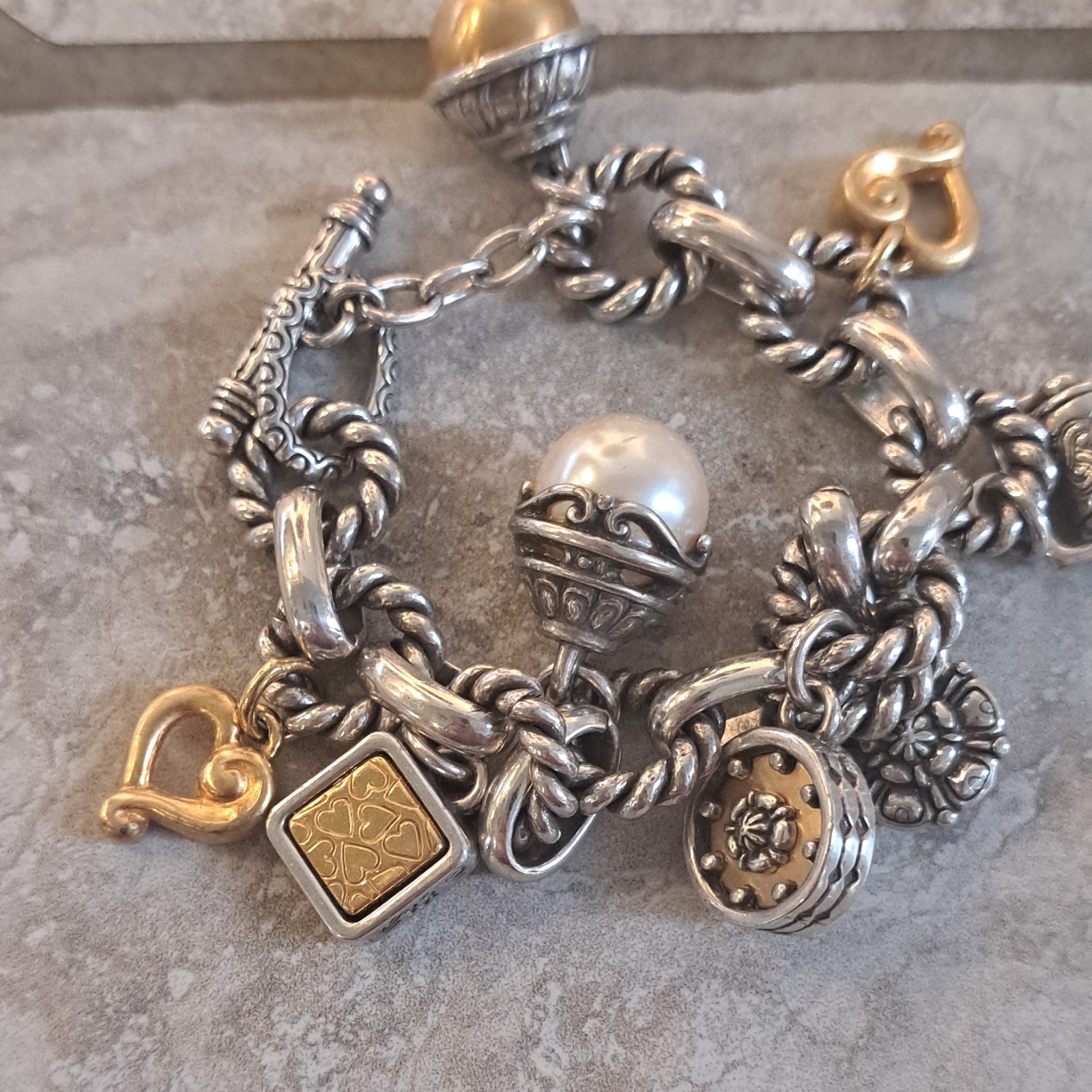 Y2K Vintage Brighton Twisted Rope Two-Toned Charm Bracelet with Toggle Closure