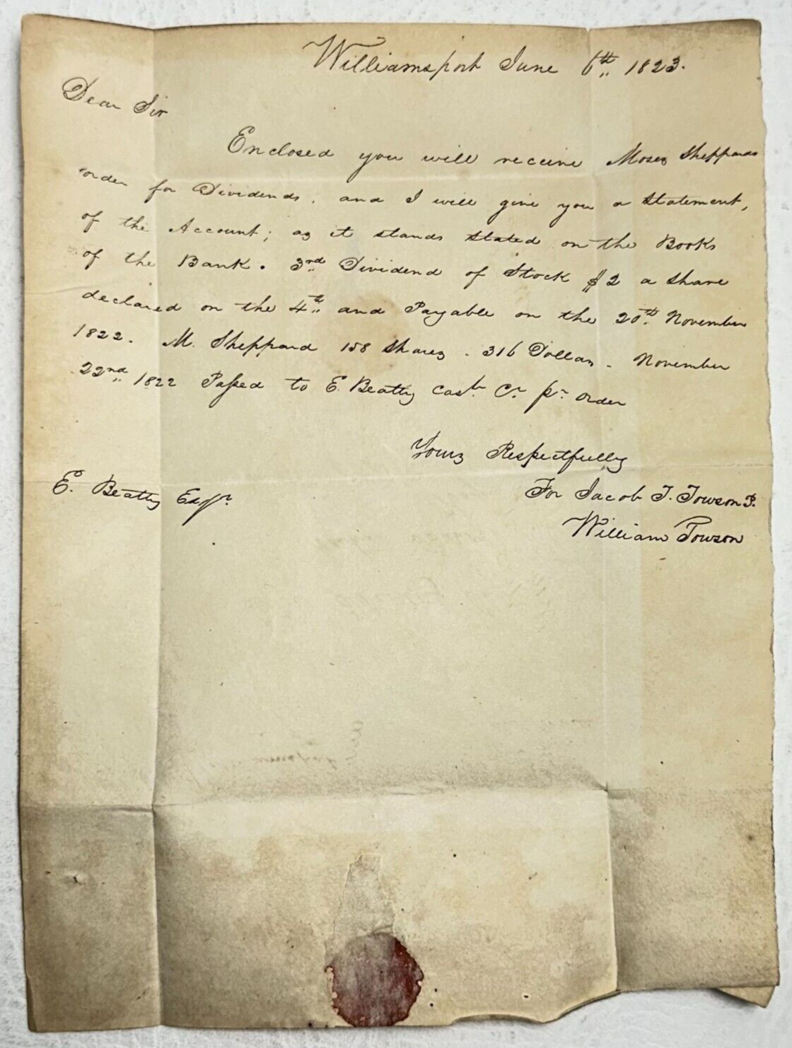 1823 Letter from William Towson Williamsport Manuscript Cancel Free Frank Letter 1823 Letter from William Towson Williamsport Manuscript Cancel Free Frank Letter