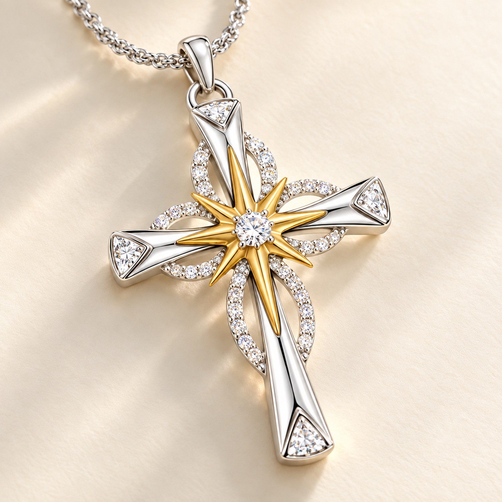 Two Tone Star Cross Necklace Alloy Clear Accents 42cm Chain Faith Gift