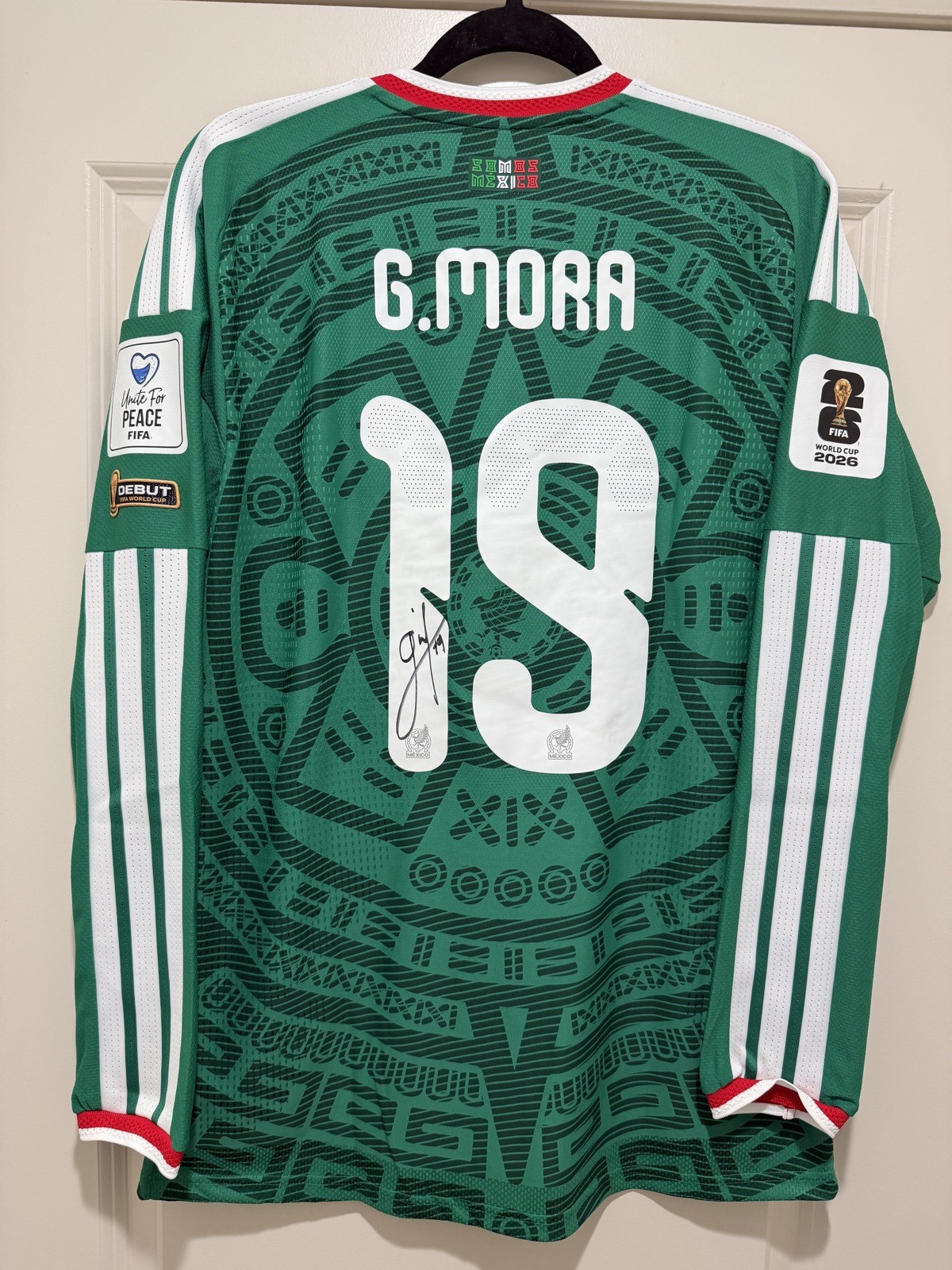 SIGNED Morita Gil Mora #19 Mens MEDIUM Adidas Mexico Home Authentic LS Jersey