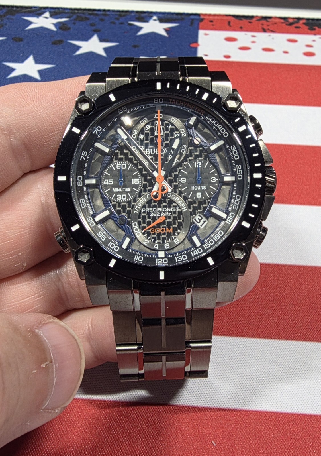 Bulova Precisionist Gray Icon Plated 98B343 8-Hand Chronograph Men’s Blue 