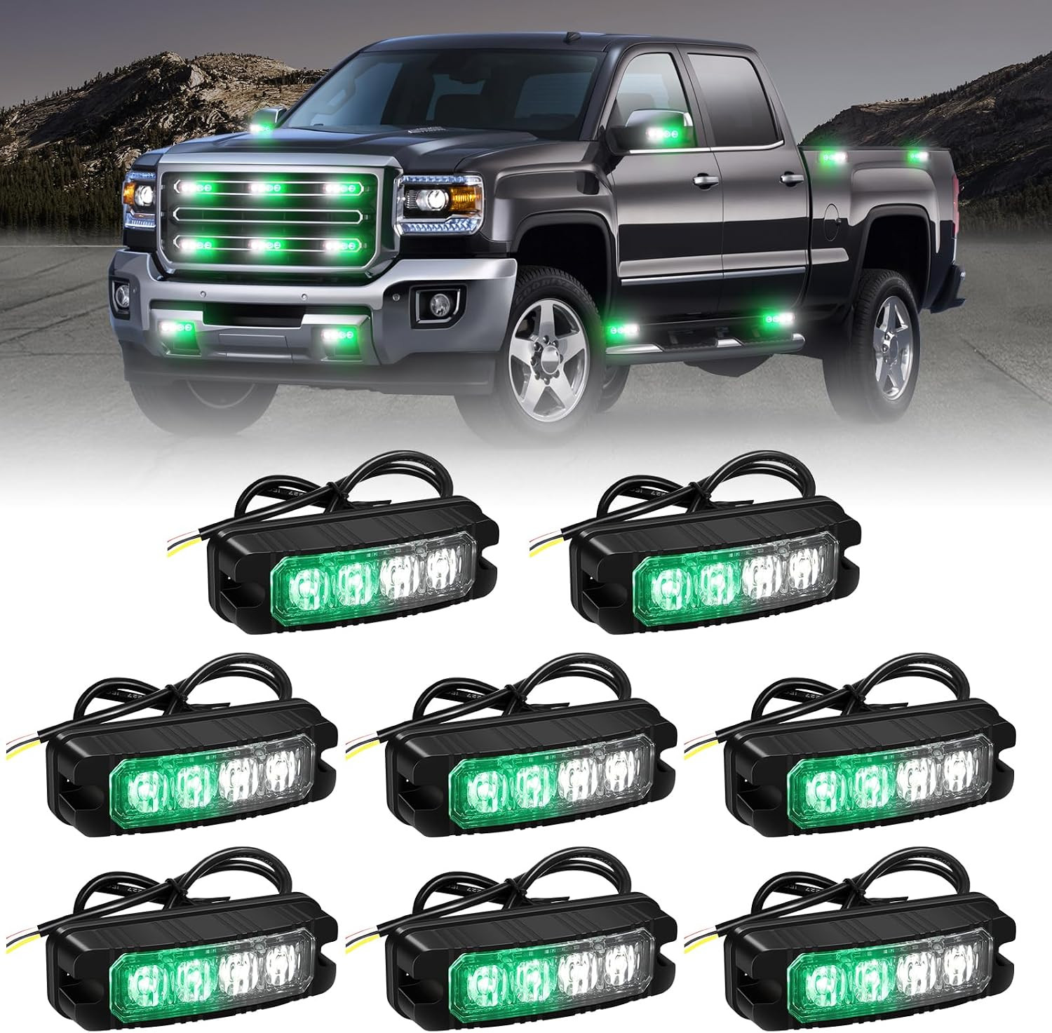 8PCS Sync Truck Grill Lights 32 LED Green White Strobe Lights 8PCS Sync Truck Grill Lights 32 LED Green White Strobe Lights