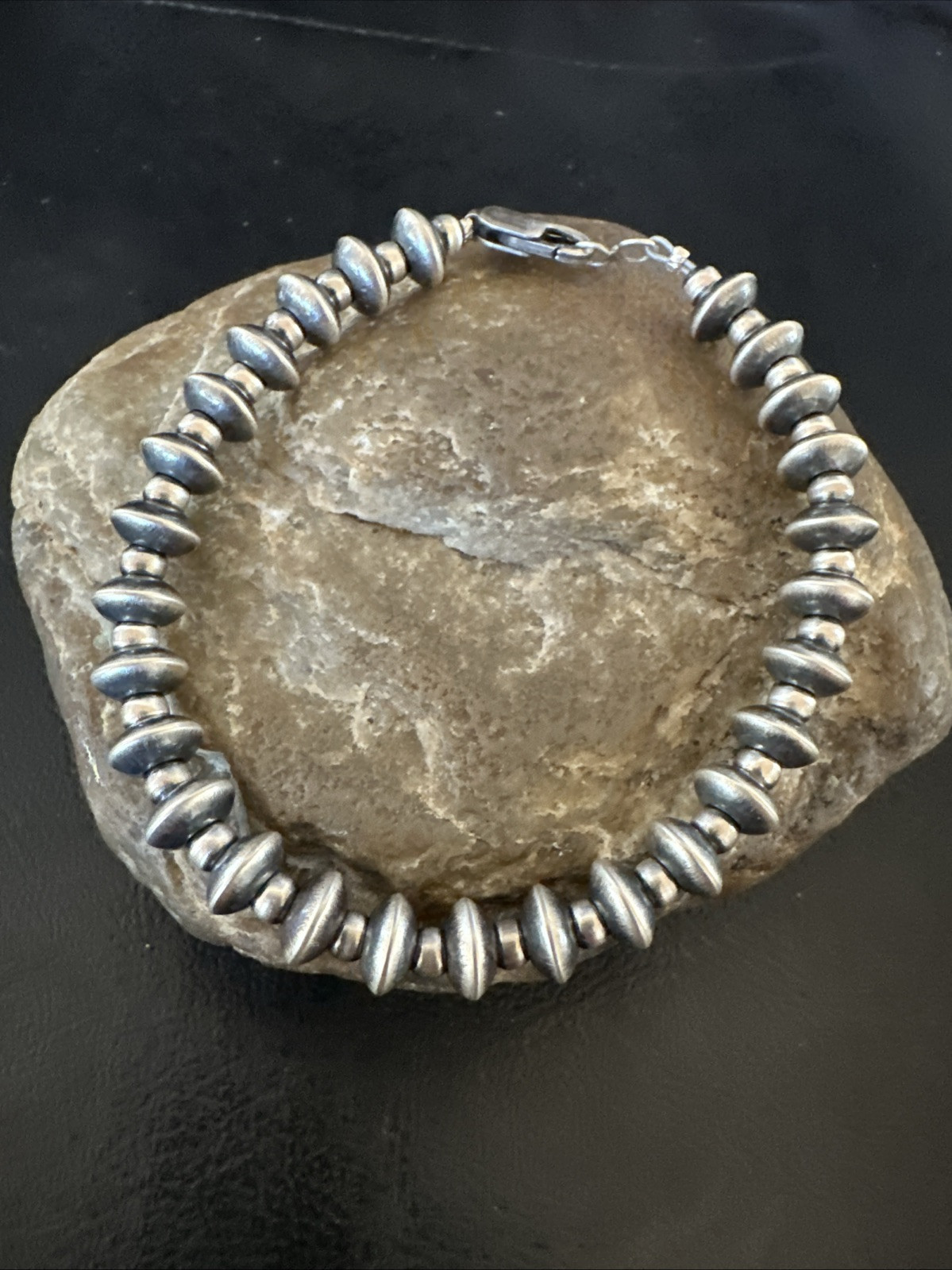 Navajo 8mm Flat 4mm Round Beads 6”Sterling Silver Bracelet B2