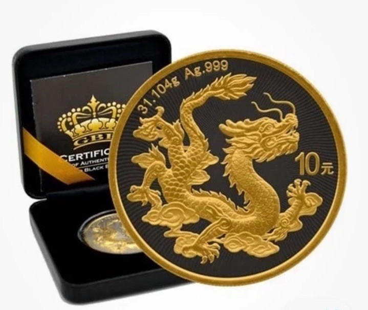 🇺🇸CHINESE DRAGON Gold Black Empire 1oz Silver Coin 10 Yuan China 2025 Coa&BOX