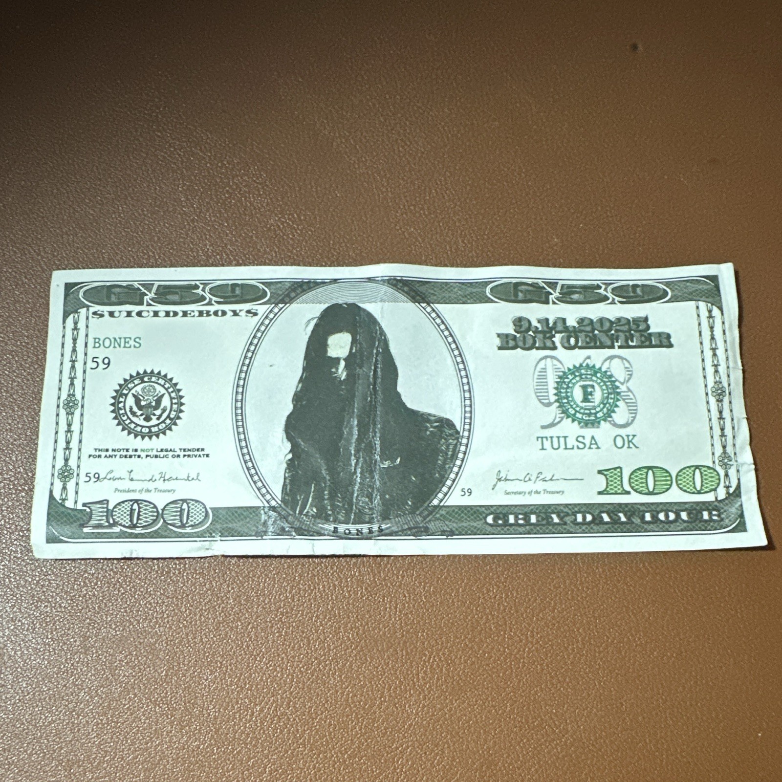 Suicideboys Grey Day Tour Tulsa OK 9.14.2023. $100 Bill Paper Print. BONES