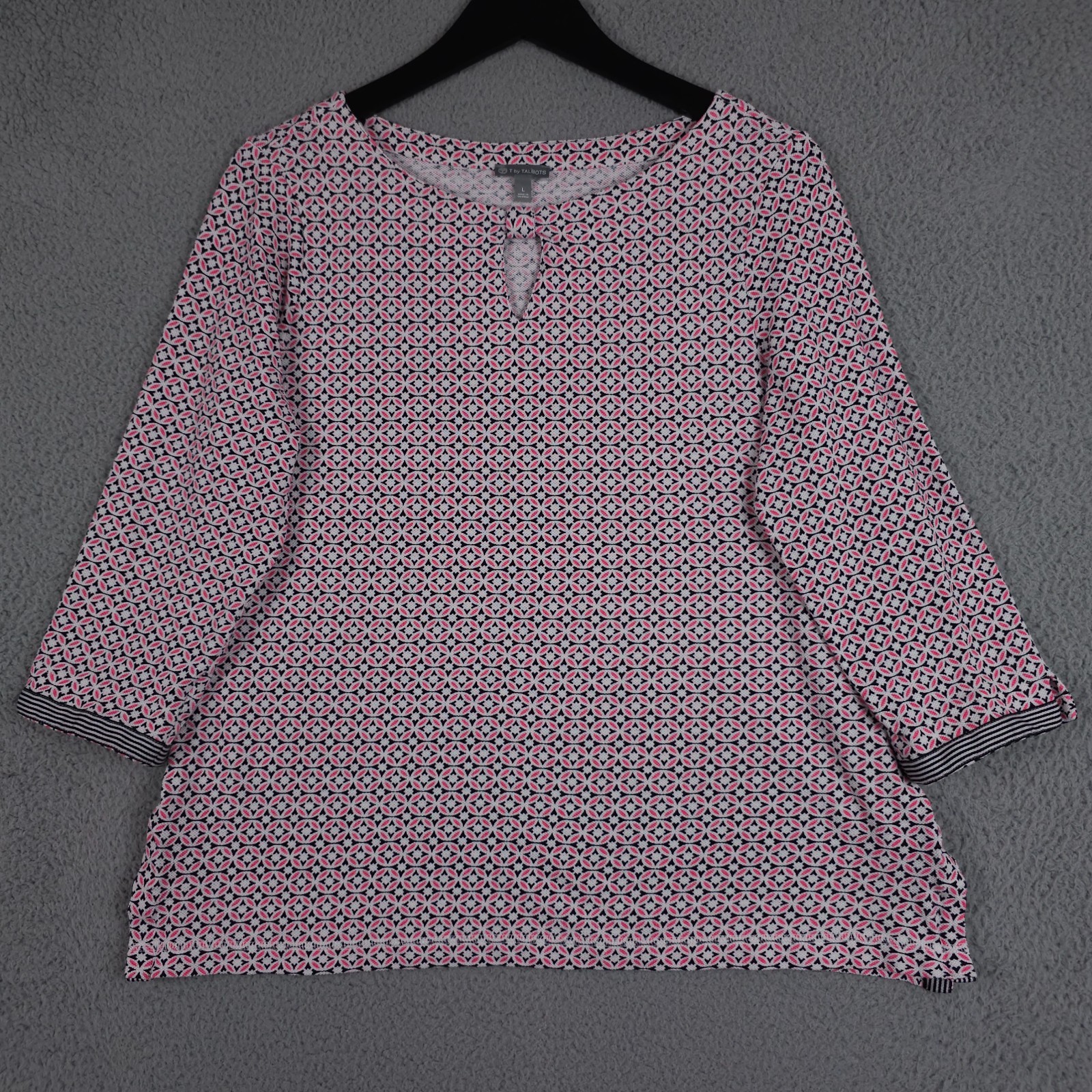 T by Talbots Shirt Womens Large Pink Black Medallion Keyhole Neck Pique Knit Top