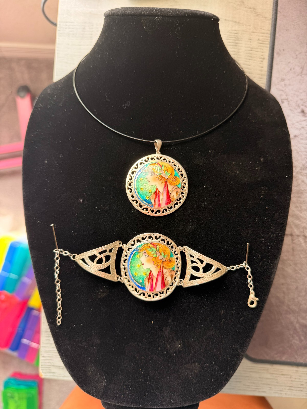Alphonse Mucha Inspired Minankari 925 Silver Enamel Bracelet Pendant Set
