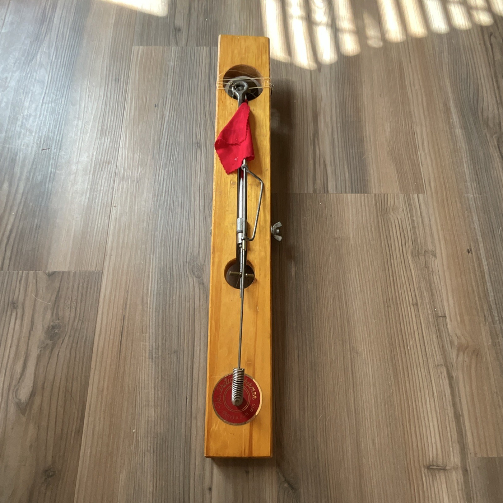 Vintage Ice Fishing Tip-Up Wooden Board w/ Metal Flag Mechanism