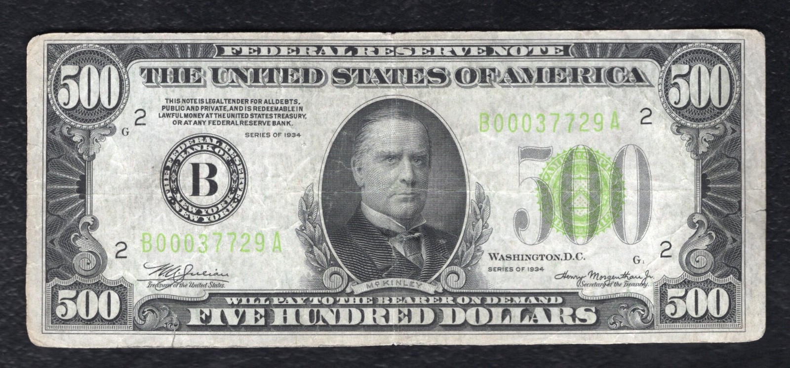 FR. 2201-B 1934 $500 LIGHT GREEN SEAL FRN FEDERAL RESERVE NOTE NEW YORK, NY VF FR. 2201-B 1934 $500 LIGHT GREEN SEAL FRN FEDERAL RESERVE NOTE NEW YORK, NY VF