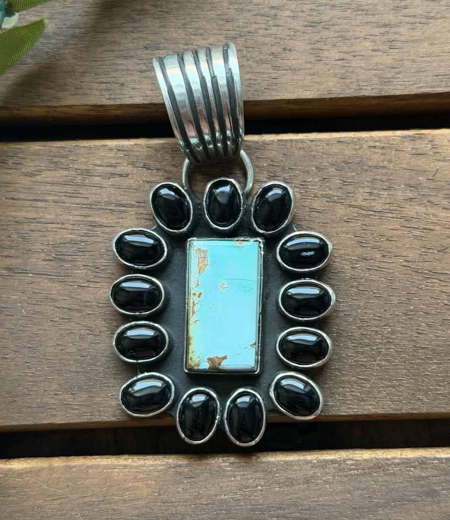 Navajo Sterling Silver Black Onyx Turquoise Cluster Pendant  La Rose