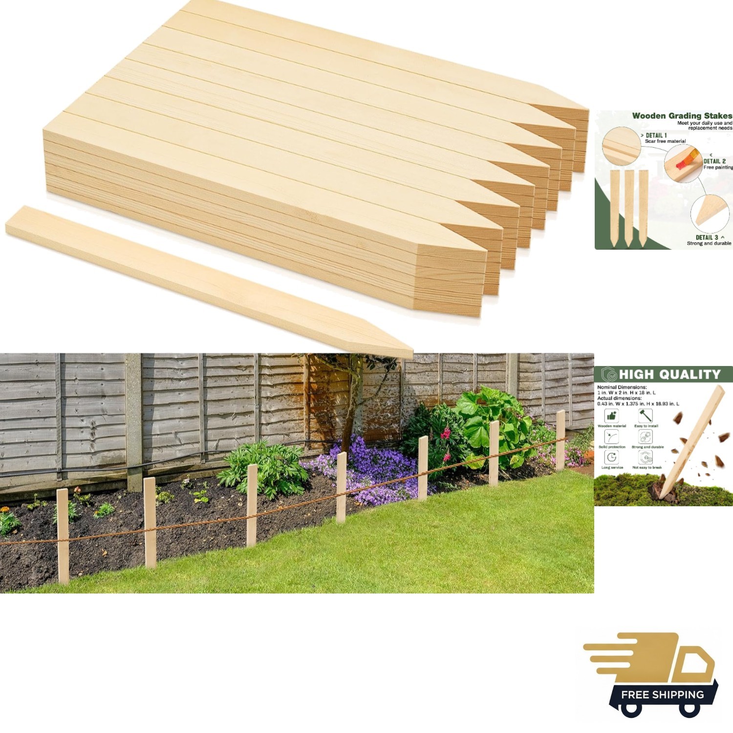 Garden & Survey Stakes - 20 Rustic Wooden Posts 18 Inch for Boundaries & Growth