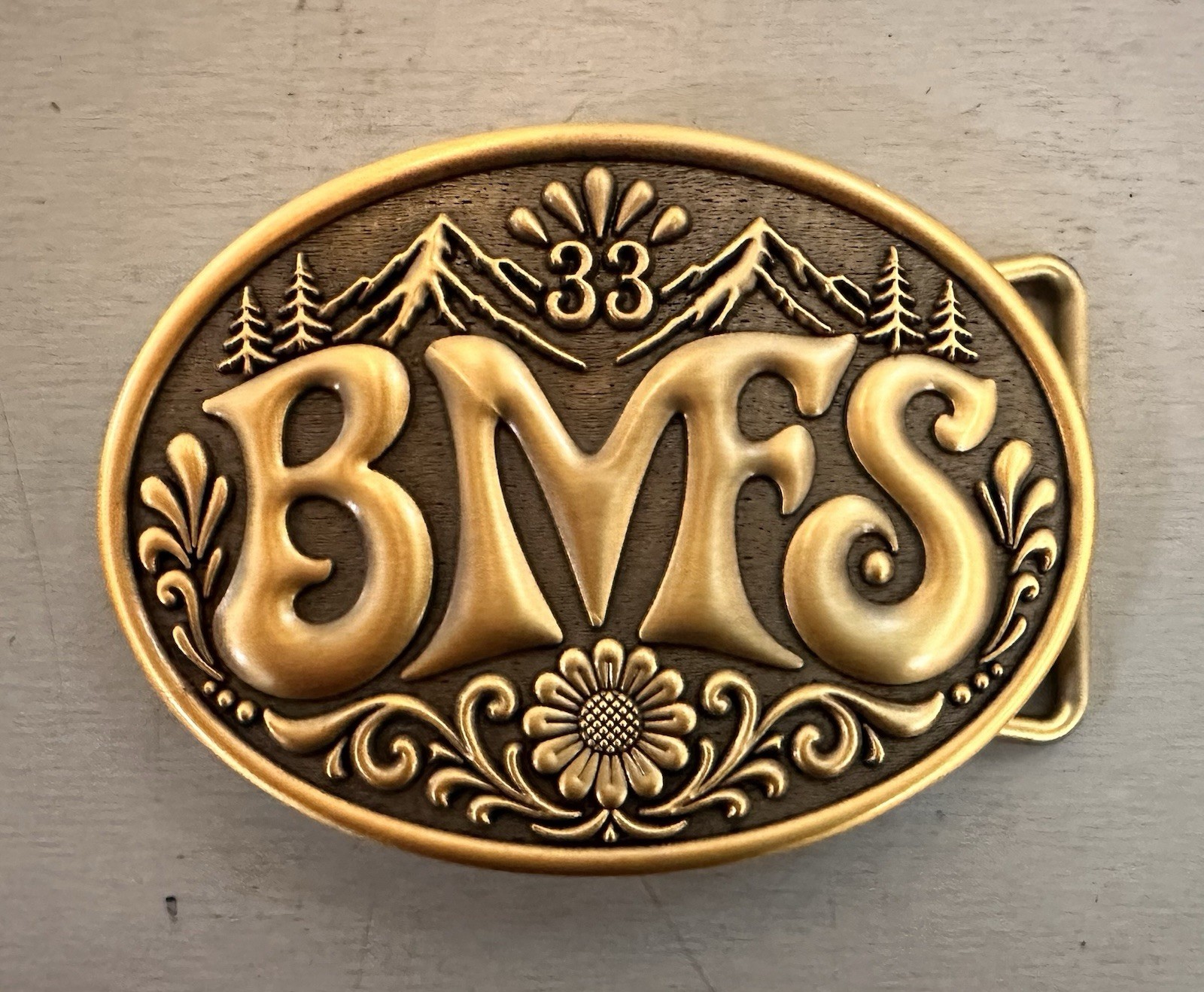 Billy Strings Style BMFS Oval Belt Buckle Gold/Brown Metal Fits 1.5 in Wide belt