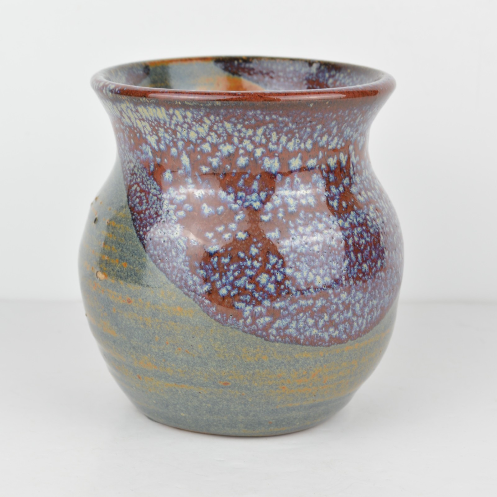 Signed Vintage Studio Art Pottery Vase Hand Thrown Drip Glaze Oxblood Blue 4.5