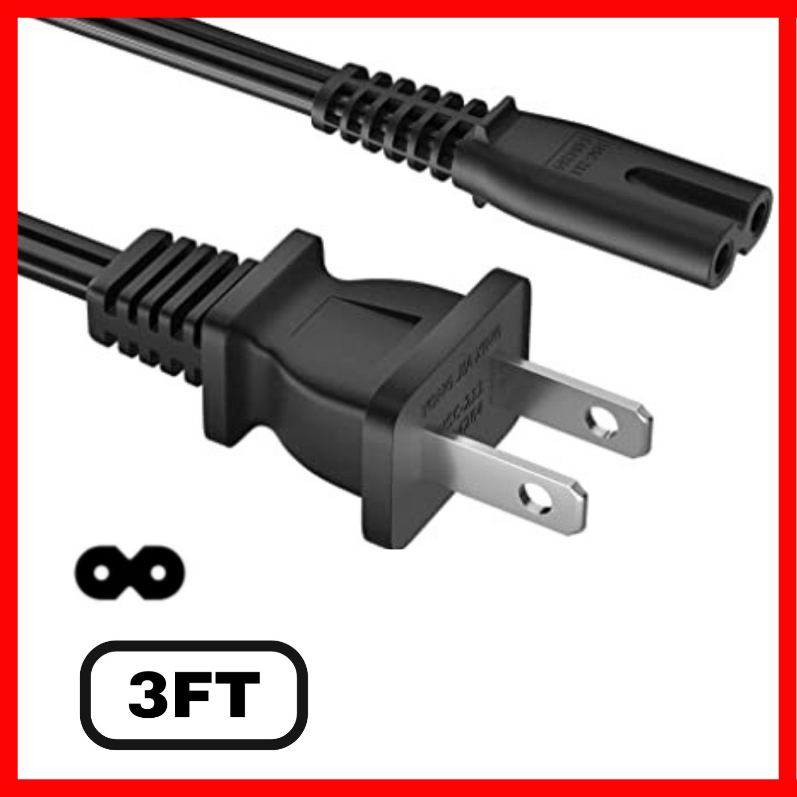 Lot of Standard AC Power Cord Cable 2 Slot Figure 8 Cord 3FT 5FT 10FT IEC C7