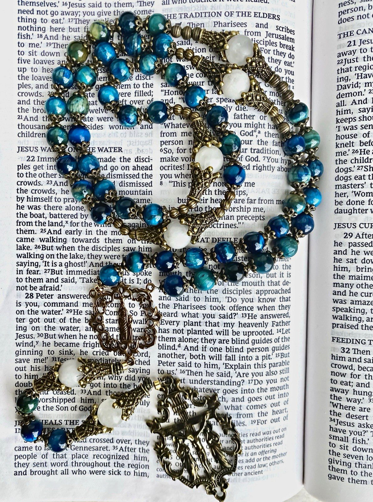 Handmade Catholic Rosary Blue Stone Beads Bronze Crucifix Virgin Mary Prayer