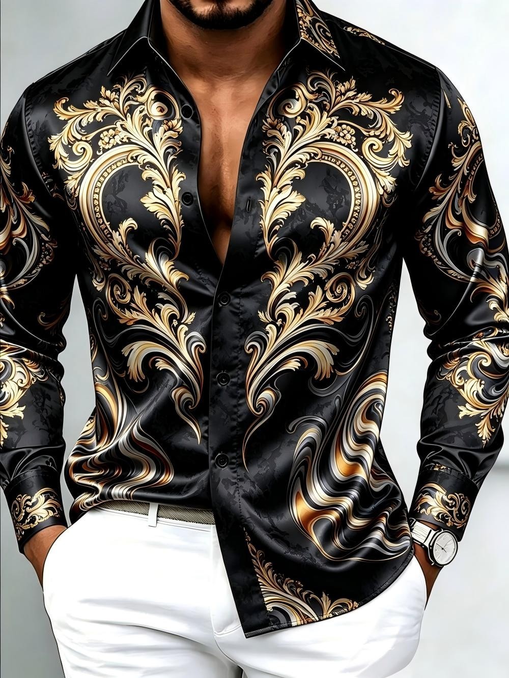 Men's Luxury Retro Baroque Gold Print Button-Up Shirt Elegant Party Fashion