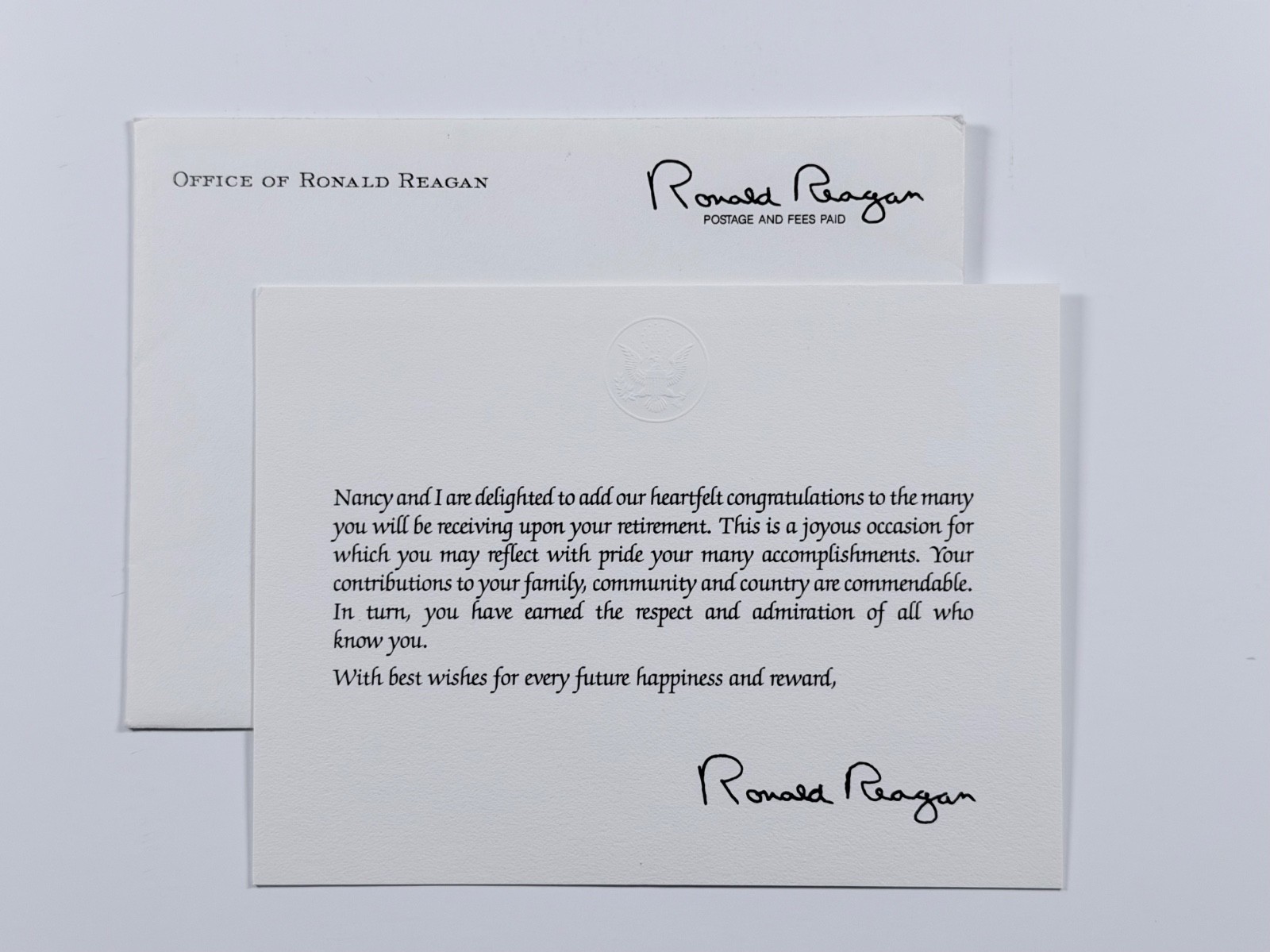 Ronald Reagan Retirement Card Presidential Memorabilia w/ Envelope 1990