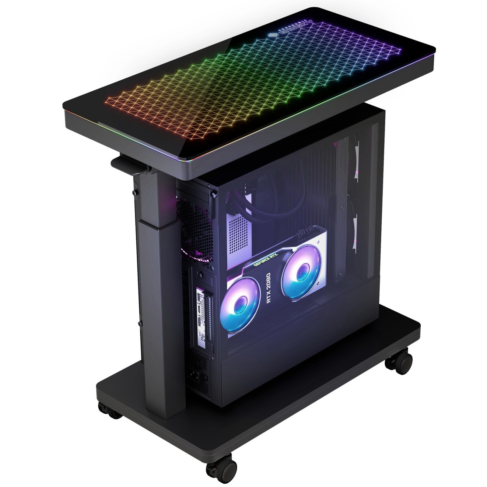 ERGONOMIC Height Adjustable Computer Tower, Illuminated Glass Panel PC Stand ERGONOMIC Height Adjustable Computer Tower, Illuminated Glass Panel PC Stand