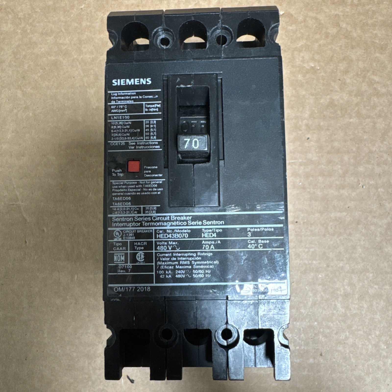 Siemens Sentron HED43B070 70 amp 3 Phase HED Bolt on 42kA@480v Breaker -Tested Siemens Sentron HED43B070 70 amp 3 Phase HED Bolt on 42kA@480v Breaker -Tested