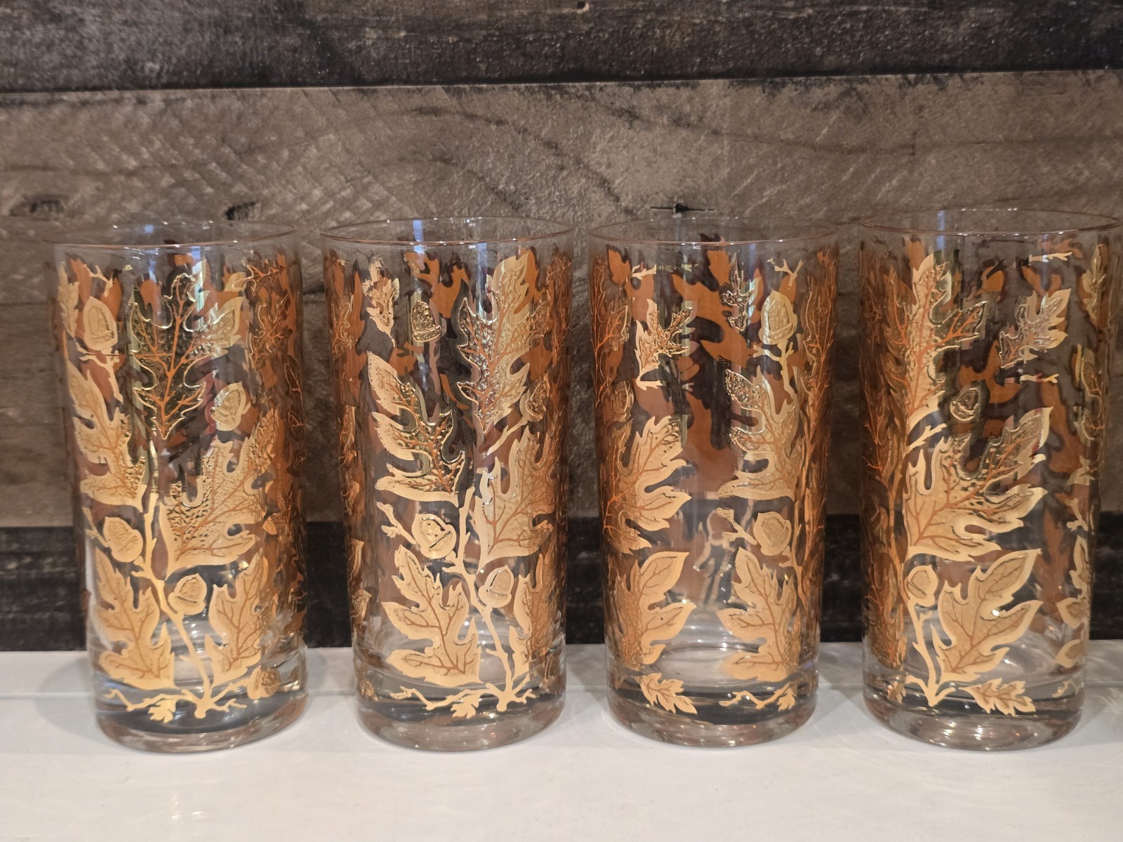 Vintage MCM Culver Ltd. 24 Karat Gold Glassware Autumn Leaves Highball Glasses
