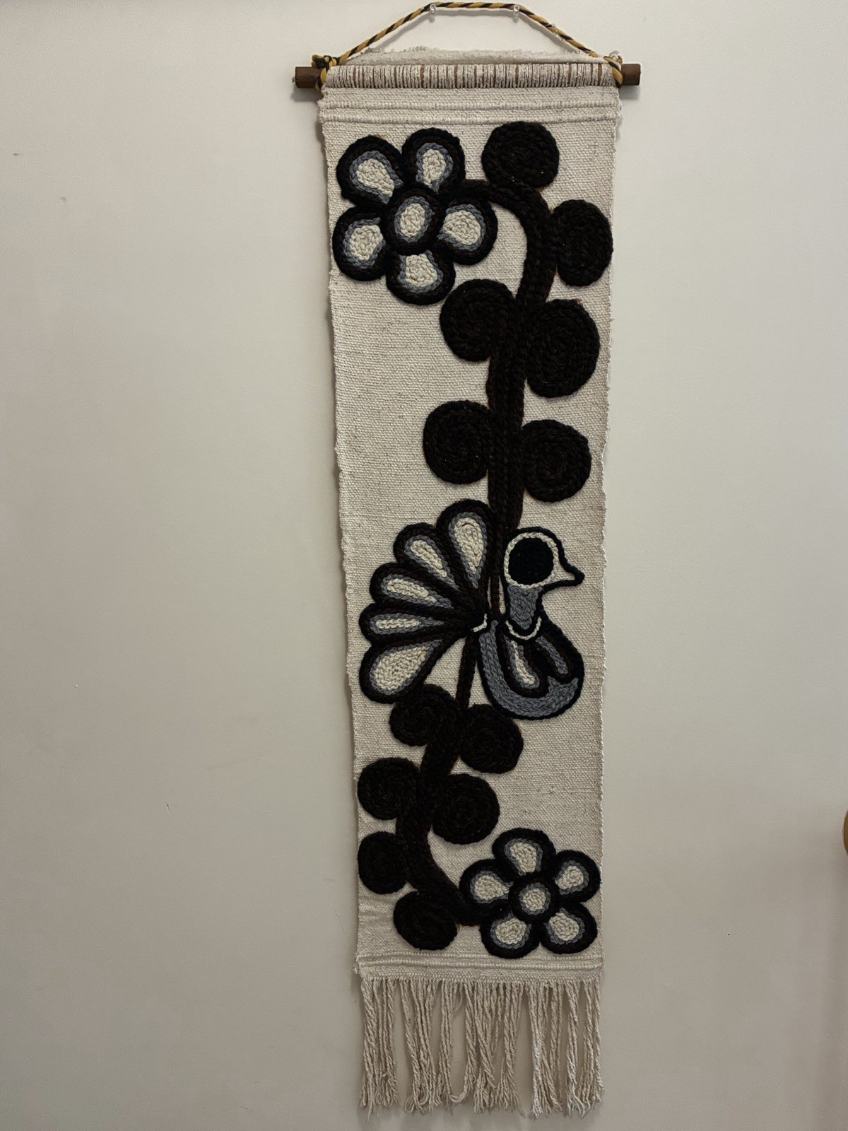Vintage Mexican Yarn Art Tapestry Wall Hanging Mid Century Folk Art Bird 1970s