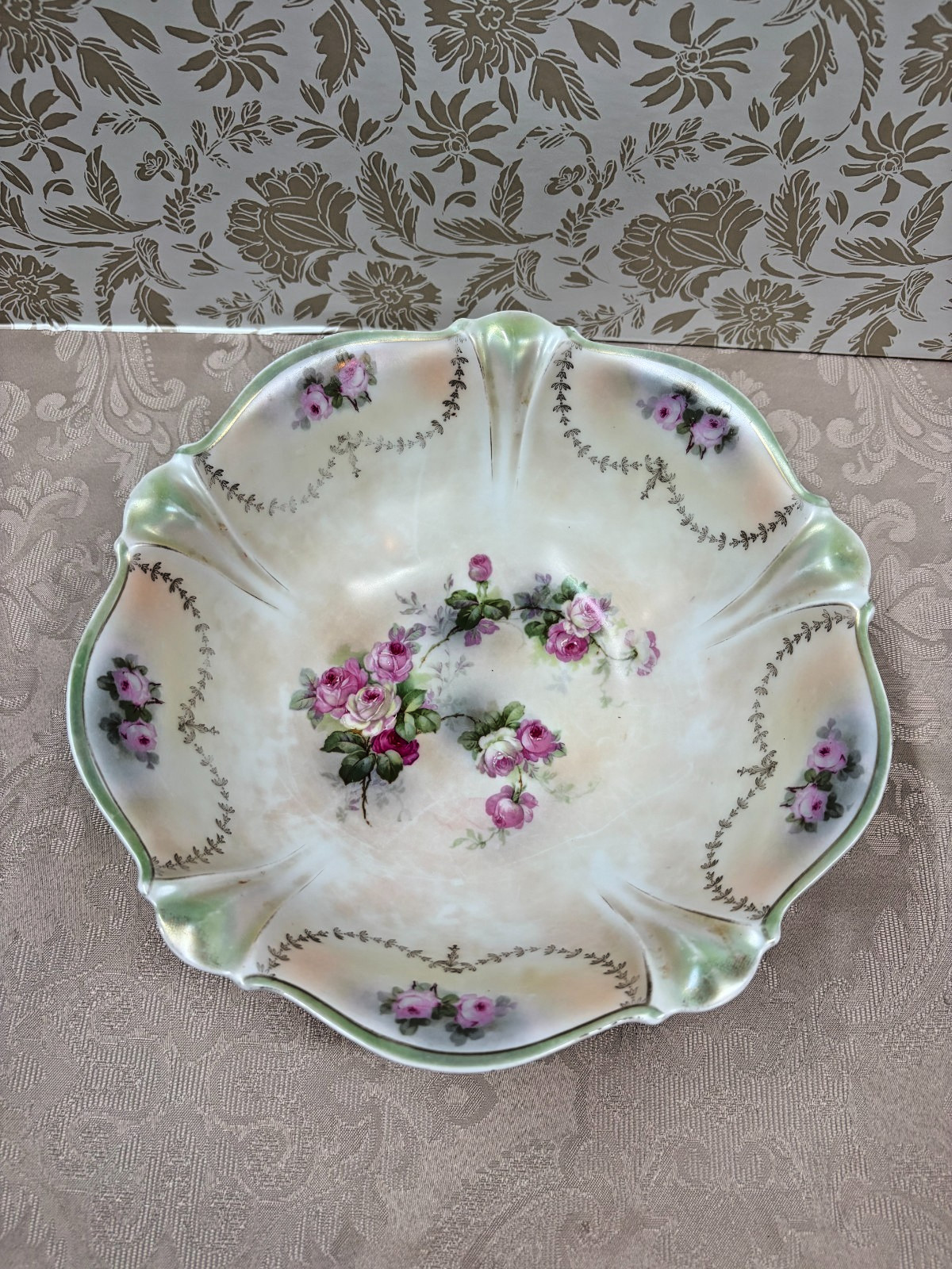 Antique German Porcelain Scalloped Serving Bowl - Pink Roses & Lusterware Rim