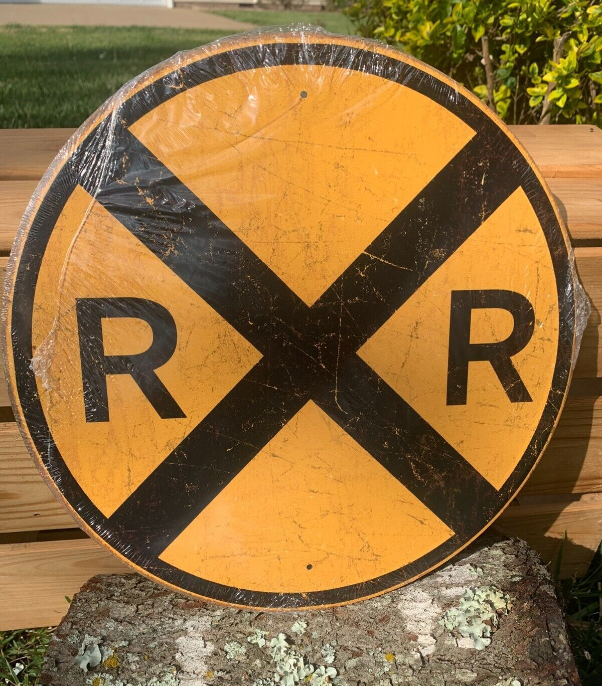 Railroad Crossing Warning Train Sign Tin Vintage Garage Distressed Old Round Railroad Crossing Warning Train Sign Tin Vintage Garage Distressed Old Round